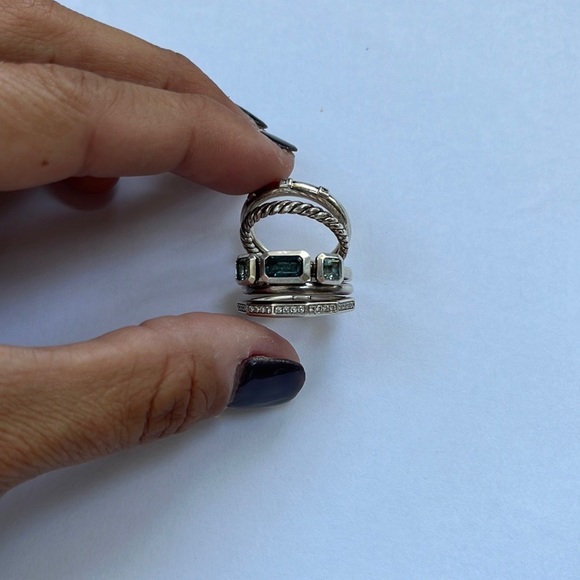 David Yurman Stax Five Ring Sterling Silver with Blue Topaz and Diamonds, 15mm - Picture 3 of 10
